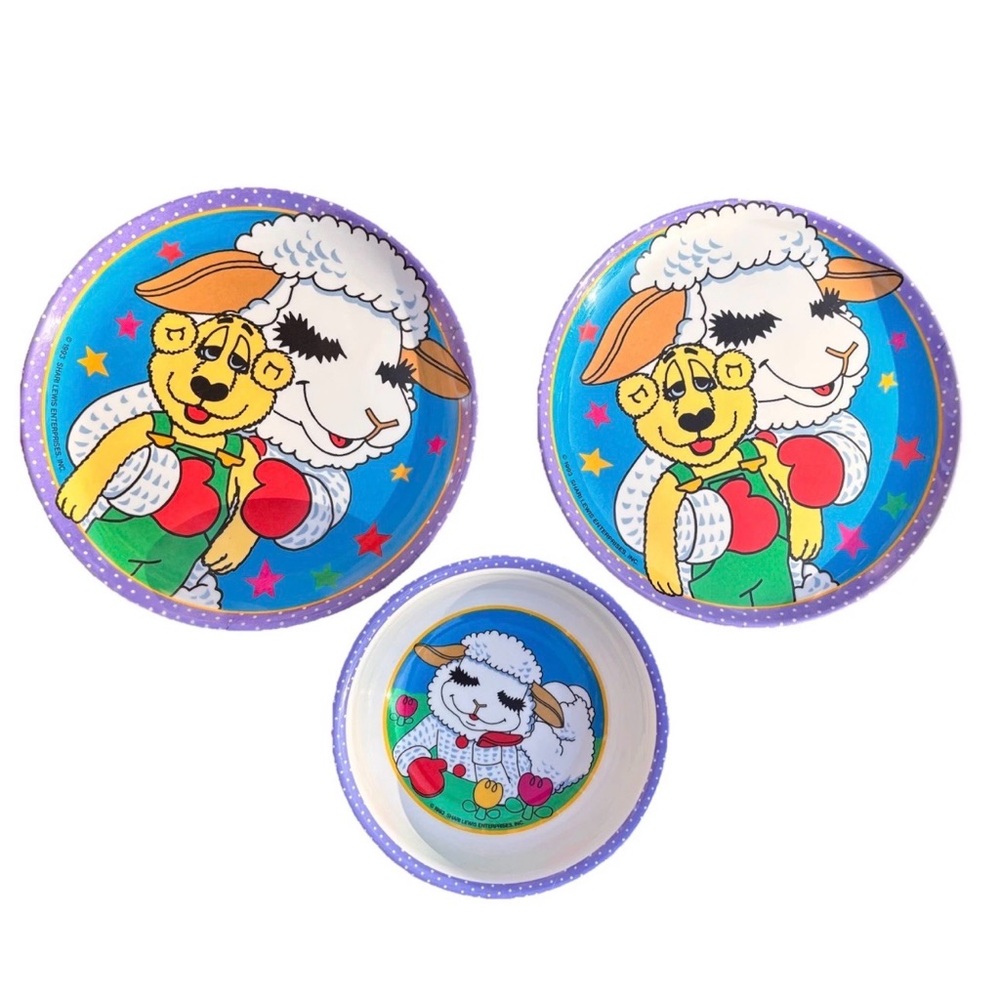 Vintage 1993 Lamb Chop Plates & Bowl Nostalgic Set  Dinnerware Sheep Cartoon